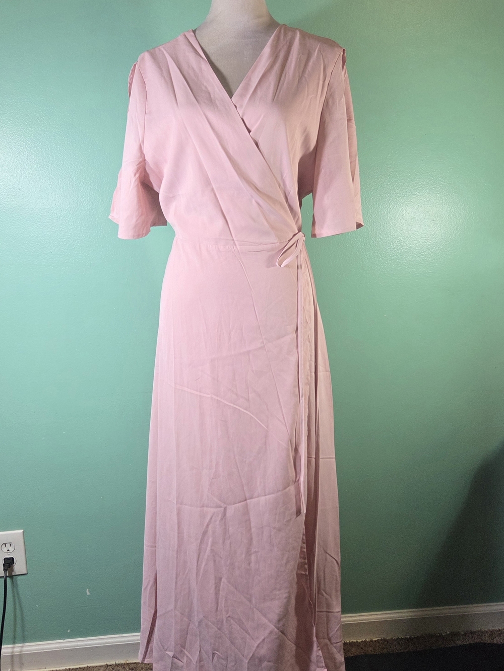 Soft Pink Wrap Maxi Dress with Tie Waist Size 2XL measures 52 inches long